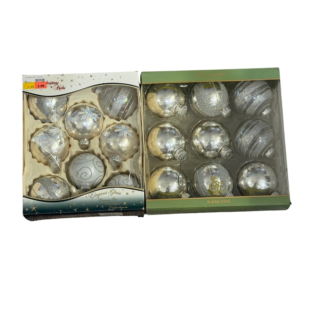 Christmas by Krebs Elegant Glass Ornaments Silver Glitter 17pc Set 2 Boxes